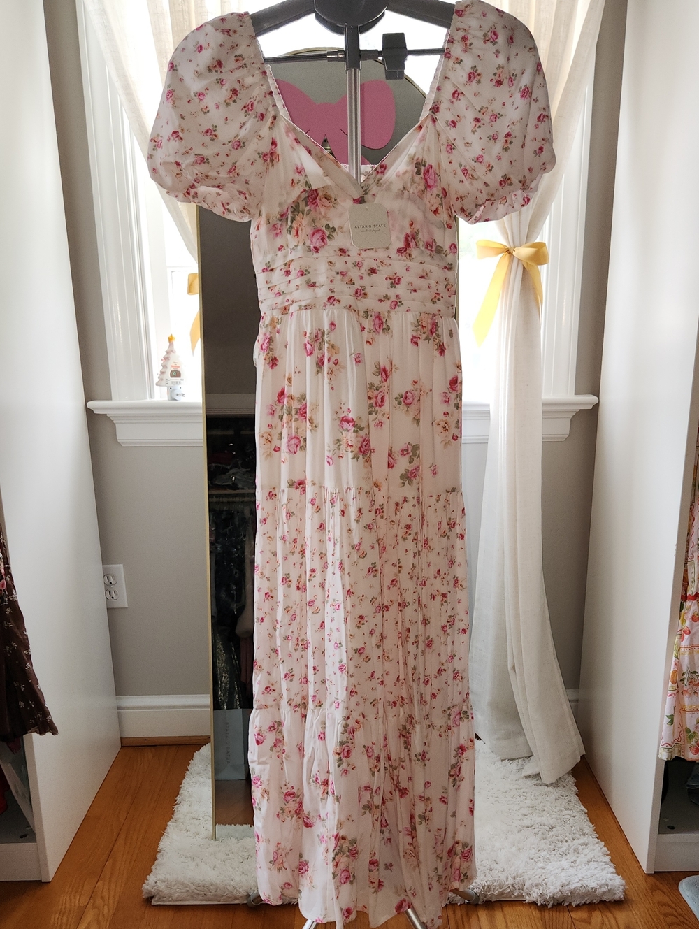 Altar'd State Pink Floral Puff-Sleeve Maxi Dress